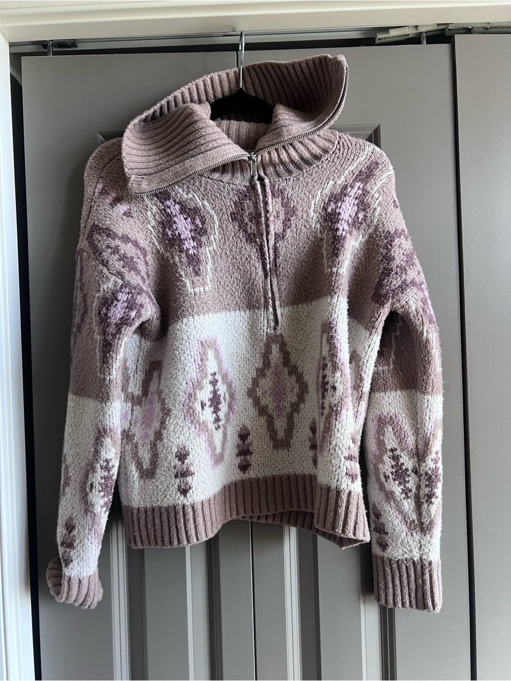 Mauve & Cream Zip Cowl-Neck Sweater